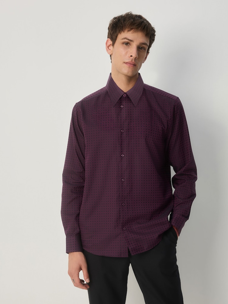 Burgundy Red Regular Fit Geometric Print Long Sleeve Smart Shirt - Image 1 of 8 Burgundy Red Regular Fit Geometric Print Long Sleeve Smart Shirt - Image 1 of 8