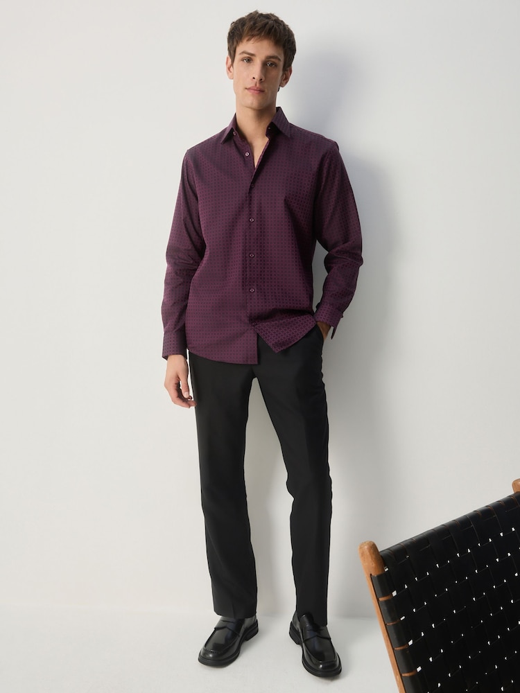 Burgundy Red Regular Fit Geometric Print Long Sleeve Smart Shirt - Image 2 of 8 Burgundy Red Regular Fit Geometric Print Long Sleeve Smart Shirt - Image 2 of 8