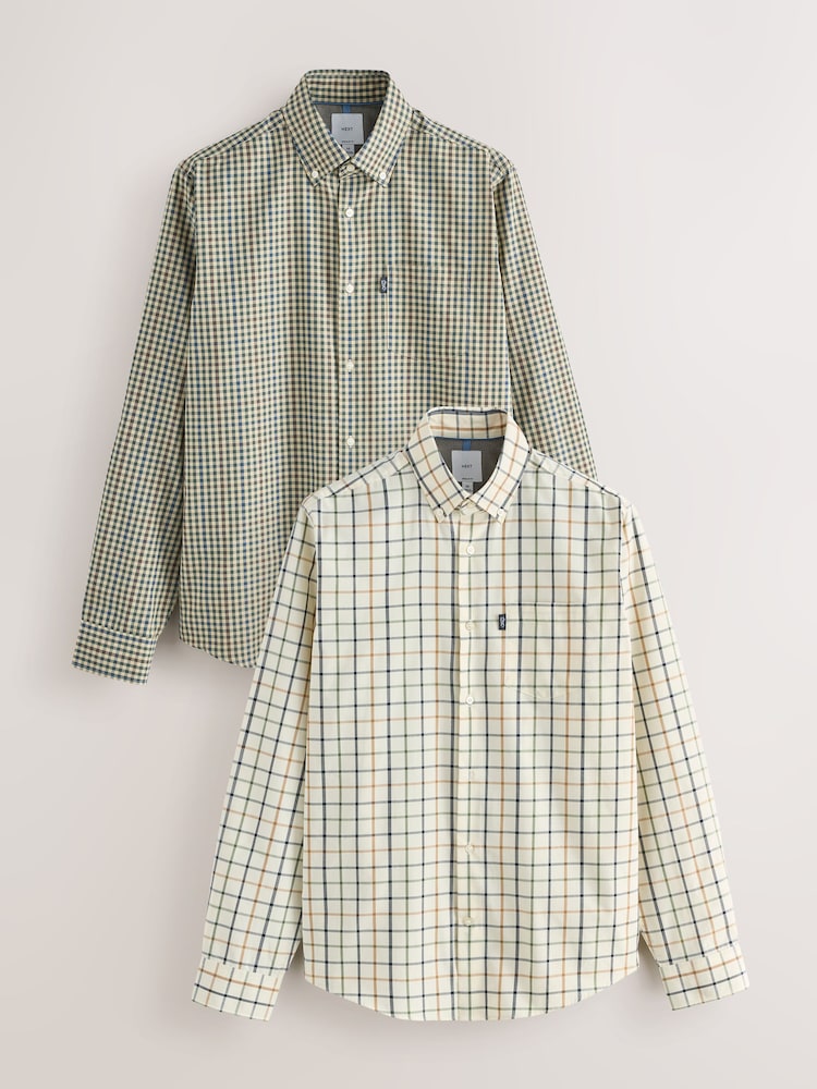 Ecru Tattersall/Neutral Green Gingham Regular Fit Easy Iron Oxford Shirts 2 Packs - Image 1 of 11