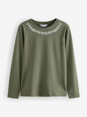 Khaki Green Long Sleeve Pure Cotton Necklace T-Shirt - Image 1 of 1