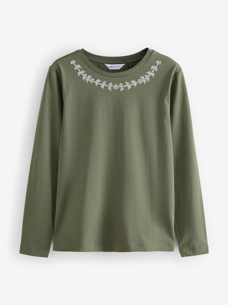 Khaki Green Long Sleeve Pure Cotton Necklace T-Shirt - Image 1 of 1
