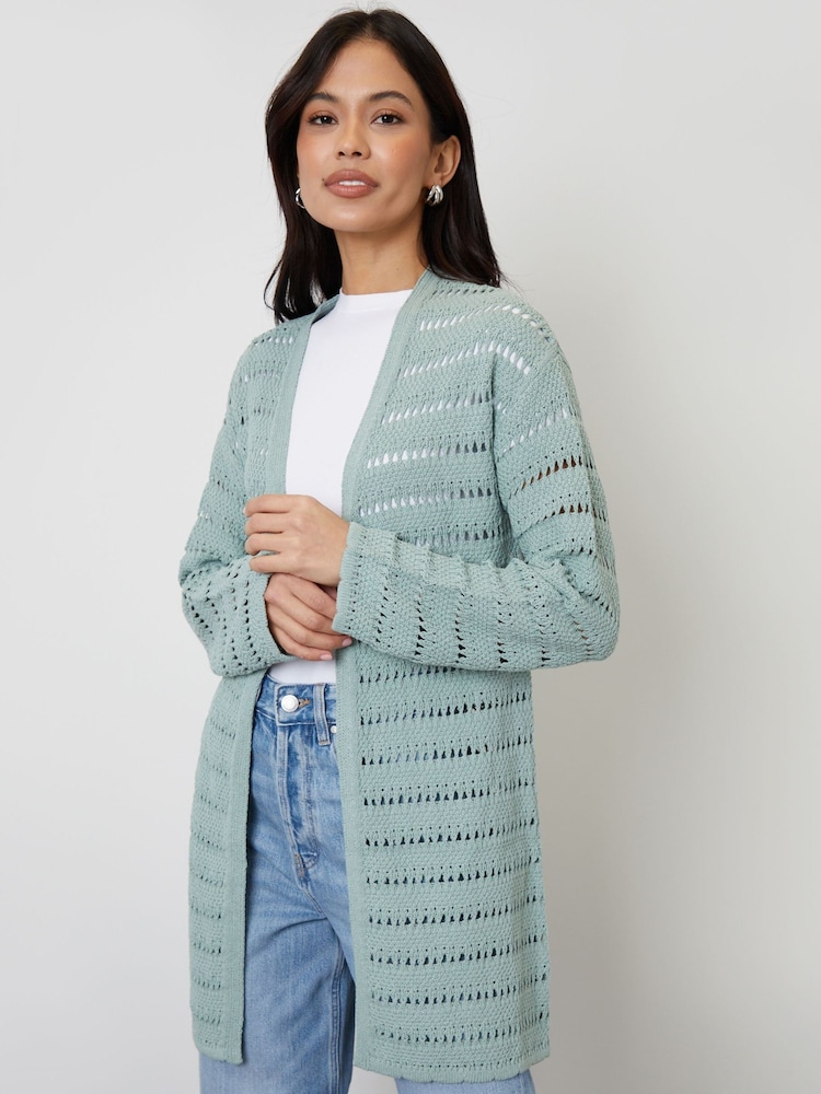Threadbare Green Threadbare White Longline Crochet Pointelle Knit Cardigan - Image 2 of 5