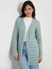 Threadbare Green Threadbare White Longline Crochet Pointelle Knit Cardigan - Image 4 of 5