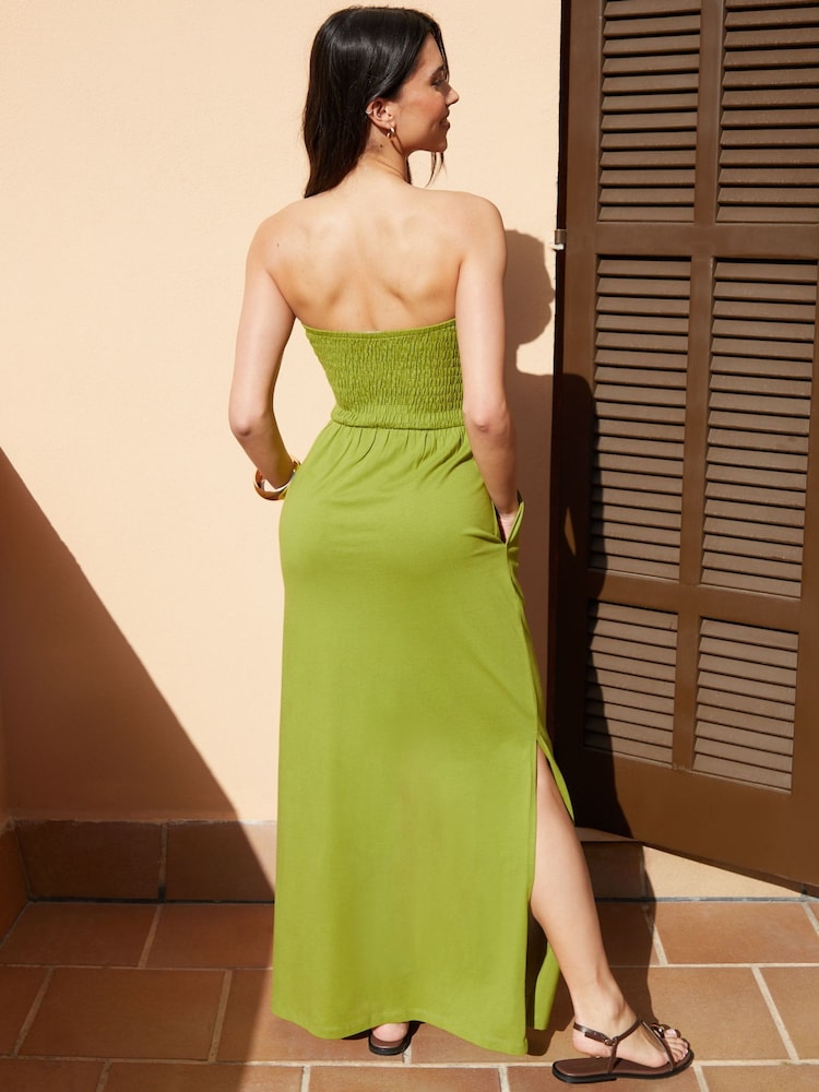 Green - Threadbare 100% Cotton Jersey Bandeau Maxi Dress with Pockets - Image 2 of 4