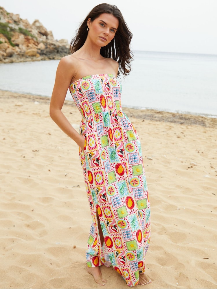 Threadbare Cream 100% Cotton Jersey Bandeau Maxi Dress with Pockets - Image 1 of 4