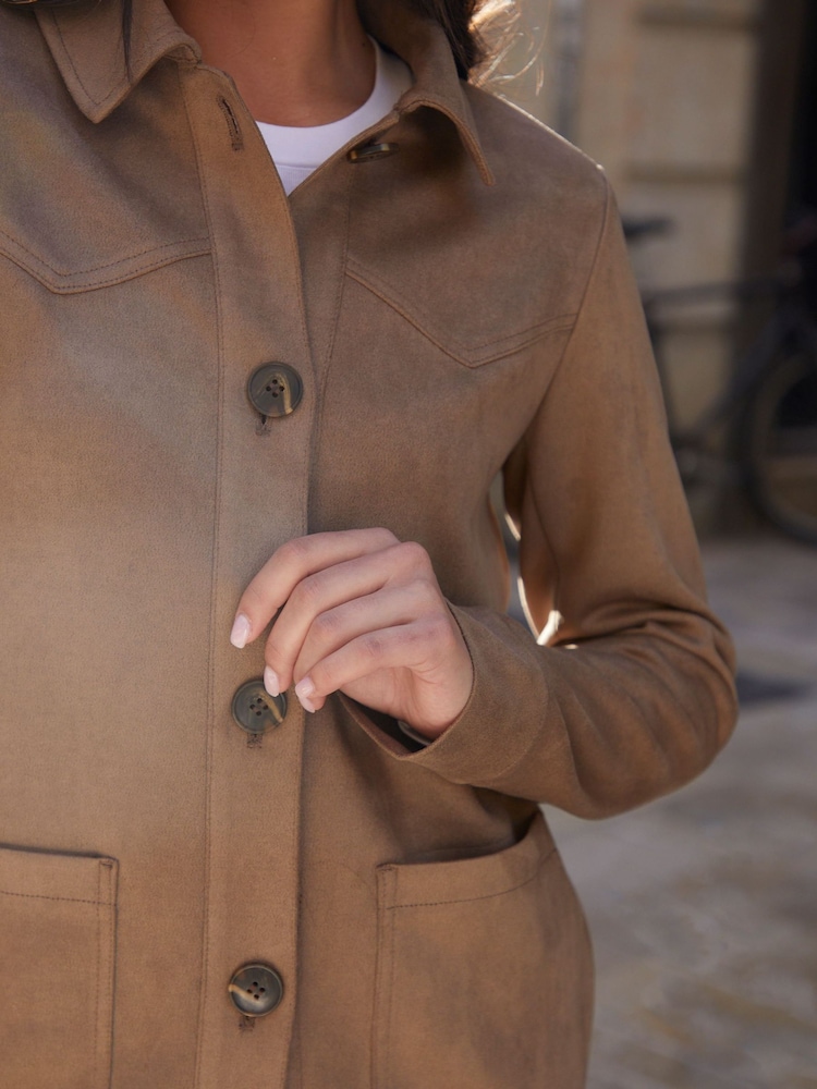Threadbare Brown Yoke Detail Suedette Shacket - Image 4 of 5