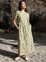 Threadbare Khaki Paisley 100% Cotton Jersey Maxi Dress with Pockets - Image 1 of 4