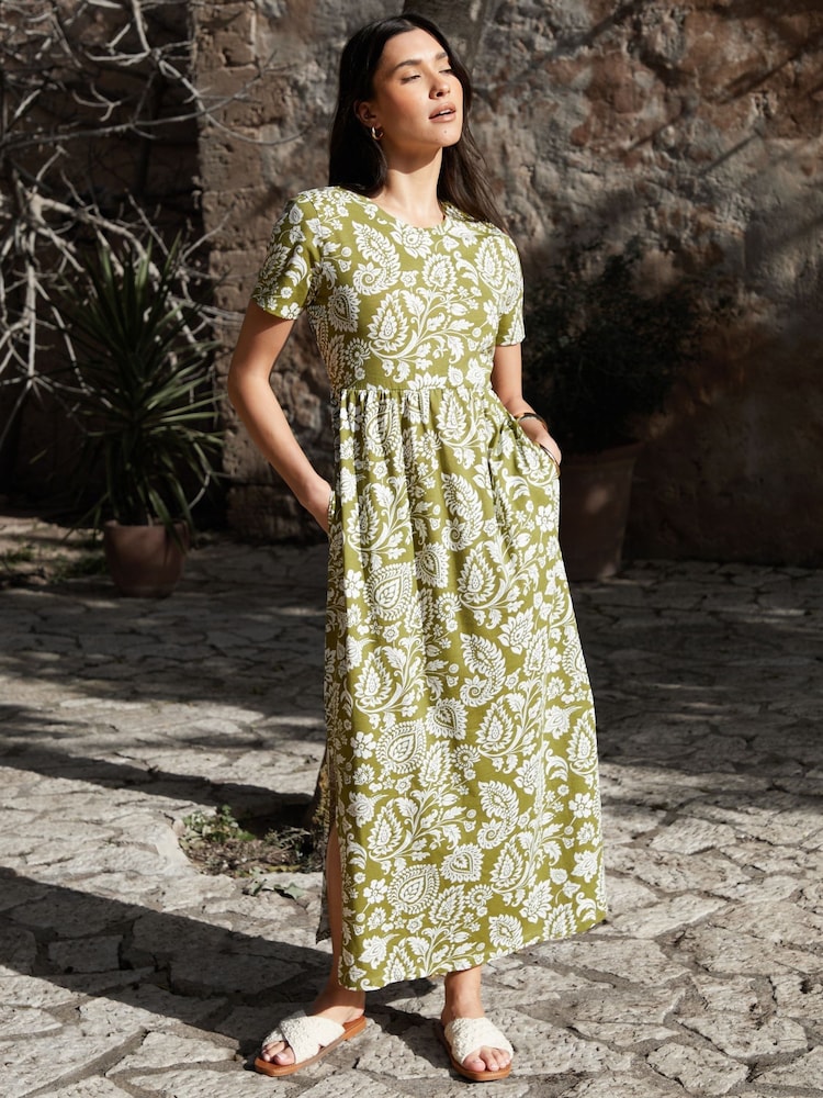 Threadbare Khaki Paisley 100% Cotton Jersey Maxi Dress with Pockets - Image 1 of 4