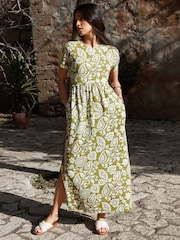 Threadbare Khaki Paisley 100% Cotton Jersey Maxi Dress with Pockets - Image 3 of 4