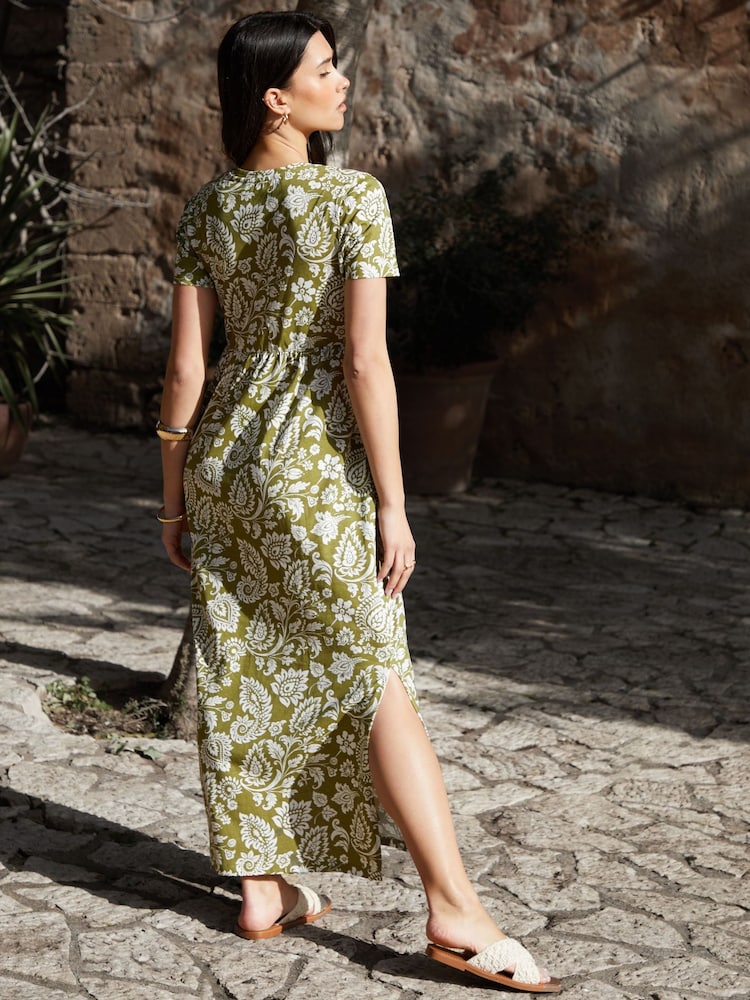 Threadbare Khaki Paisley 100% Cotton Jersey Maxi Dress with Pockets - Image 4 of 4