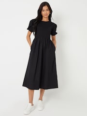 Threadbare Black 100% Cotton Puff Sleeve Jersey Poplin Mix Maxi Dress - Image 1 of 4