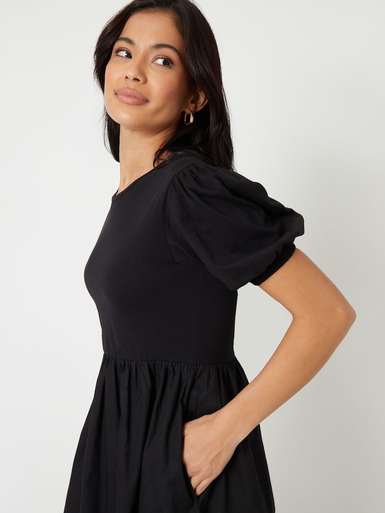 Threadbare Black 100% Cotton Puff Sleeve Jersey Poplin Mix Maxi Dress - Image 2 of 4
