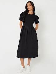 Threadbare Black 100% Cotton Puff Sleeve Jersey Poplin Mix Maxi Dress - Image 3 of 4