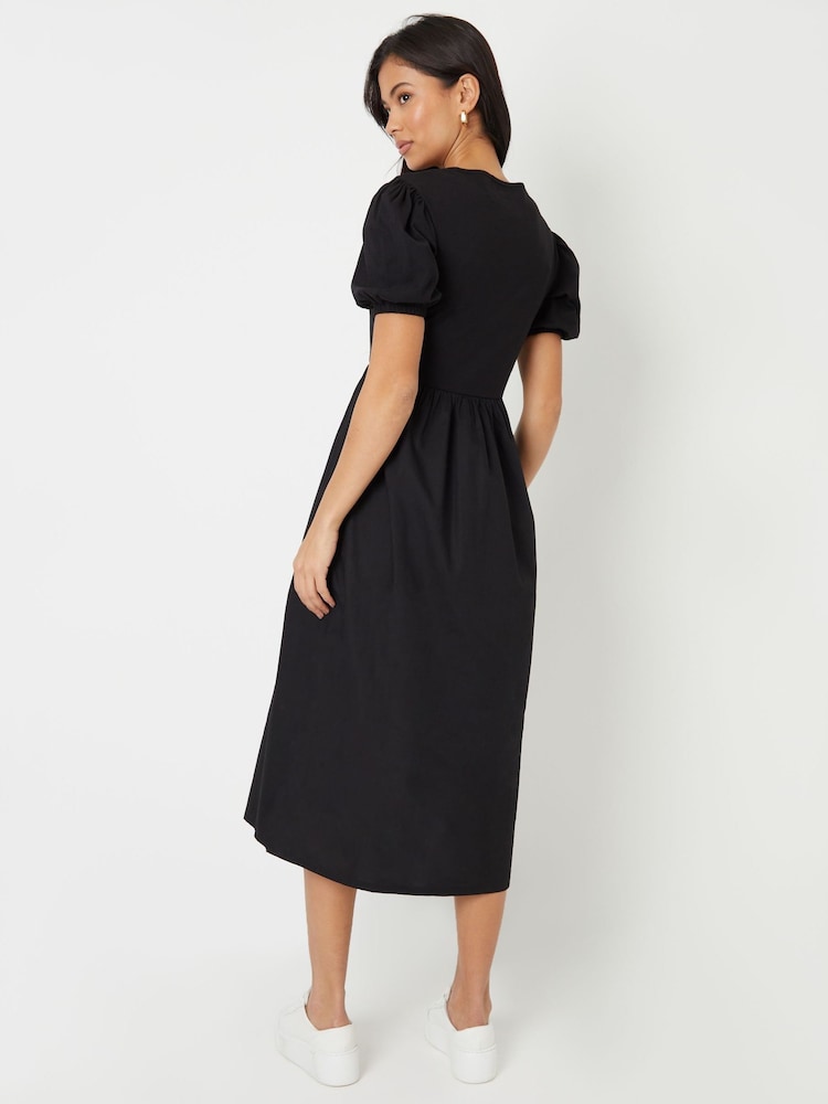 Threadbare Black 100% Cotton Puff Sleeve Jersey Poplin Mix Maxi Dress - Image 4 of 4
