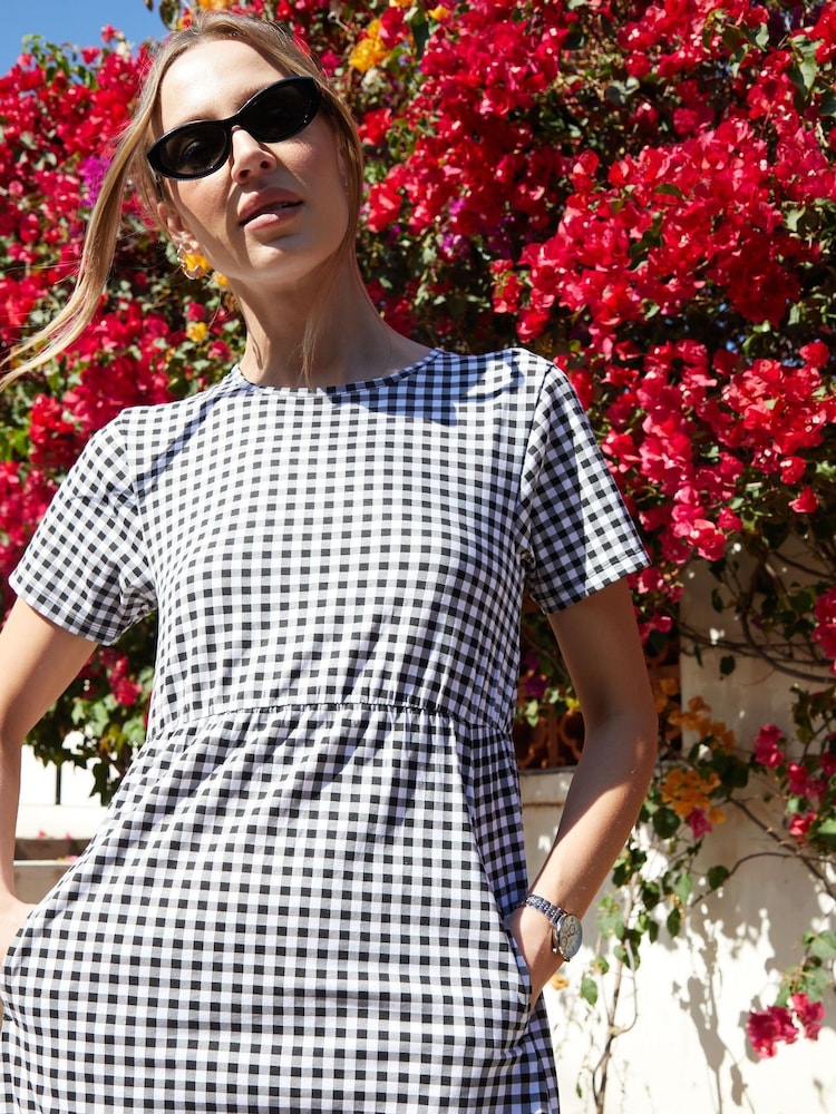 Threadbare Black Gingham 100% Cotton Smock Style Midi Dress - Image 3 of 4