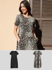 Threadbare Natural 100% Cotton Jersey Midi Smock Dresses 2 Pack with Pockets - Image 1 of 6