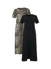 Threadbare Natural 100% Cotton Jersey Midi Smock Dresses 2 Pack with Pockets - Image 6 of 6