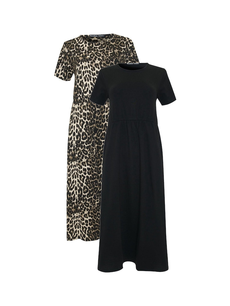 Threadbare Natural 100% Cotton Jersey Midi Smock Dresses 2 Pack with Pockets - Image 6 of 6