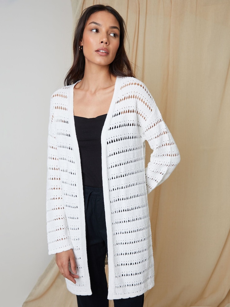 Threadbare White Threadbare White Longline Crochet Pointelle Knit Cardigan - Image 1 of 4