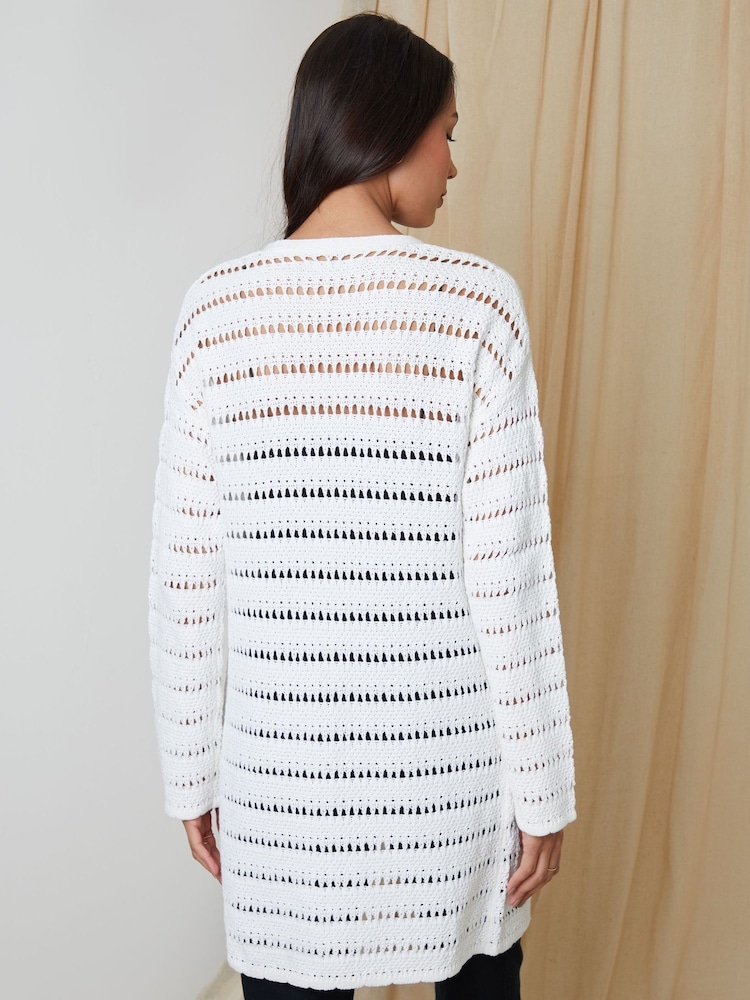 Threadbare White Threadbare White Longline Crochet Pointelle Knit Cardigan - Image 2 of 4