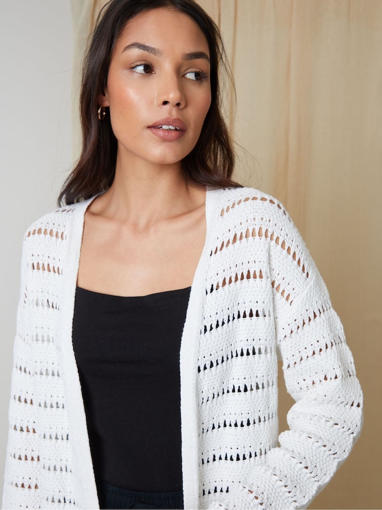 Threadbare White Threadbare White Longline Crochet Pointelle Knit Cardigan - Image 4 of 4