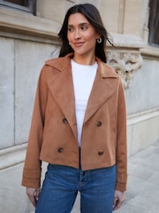 Threadbare Brown Suedette Cropped Trench Jacket - Image 1 of 4