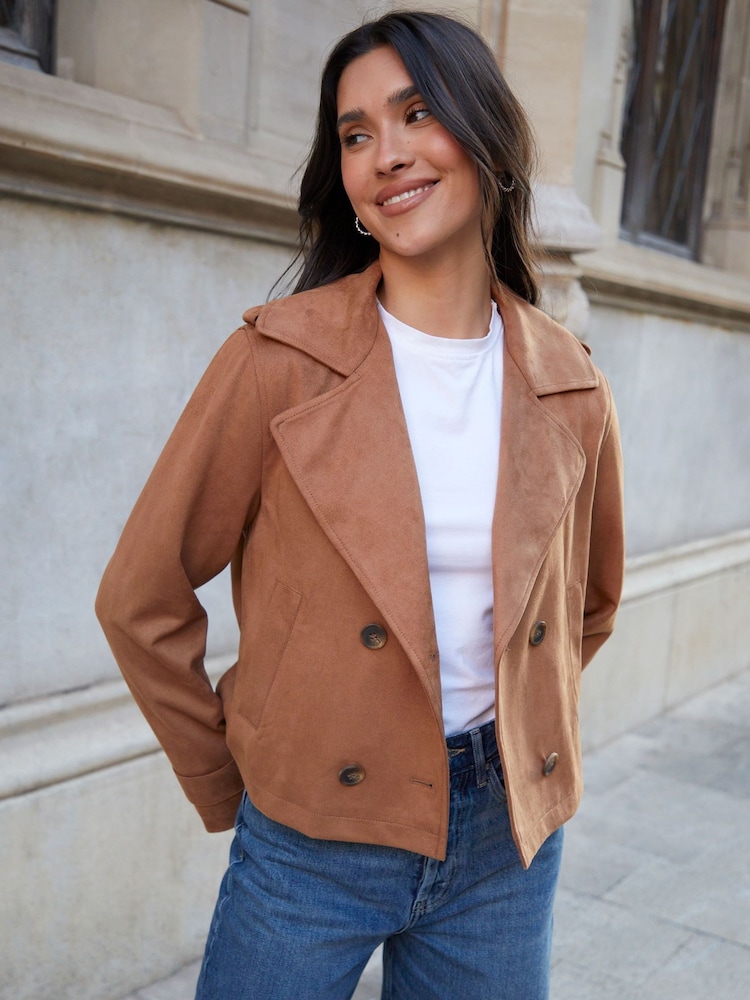 Threadbare Brown Suedette Cropped Trench Jacket - Image 2 of 4