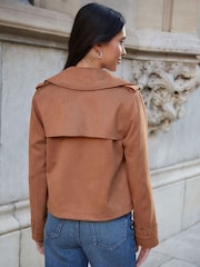 Threadbare Brown Suedette Cropped Trench Jacket - Image 3 of 4