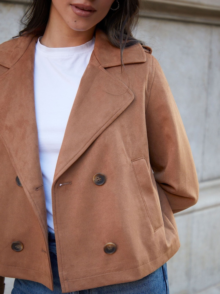 Threadbare Brown Suedette Cropped Trench Jacket - Image 4 of 4