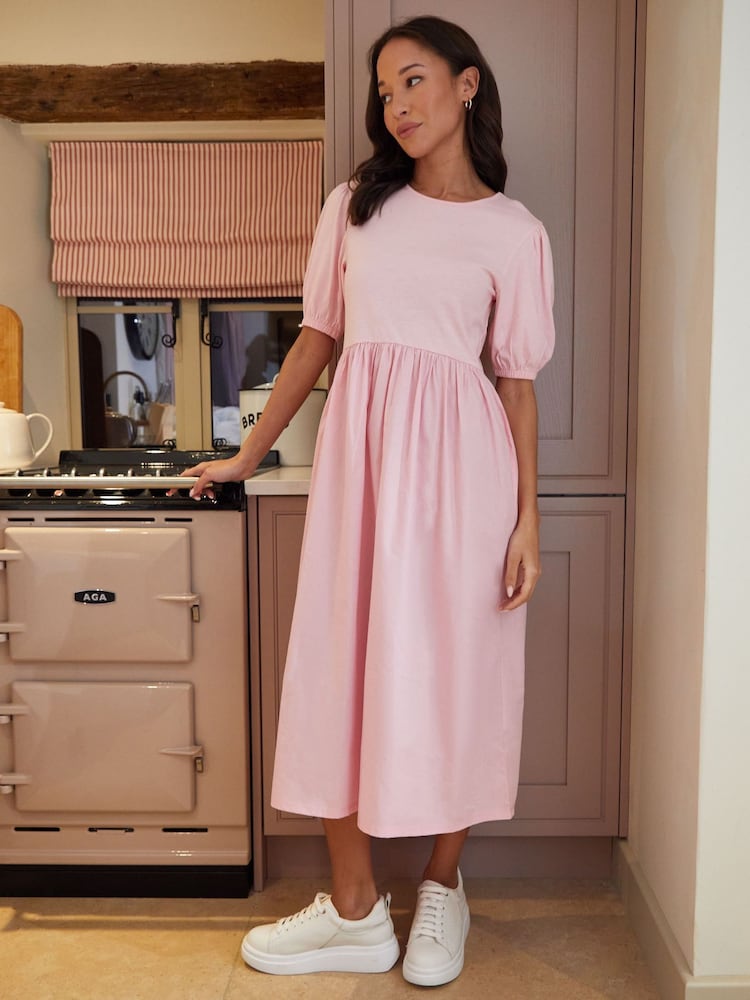 Threadbare Pink 100% Cotton Puff Sleeve Jersey Poplin Mix Maxi Dress - Image 1 of 4