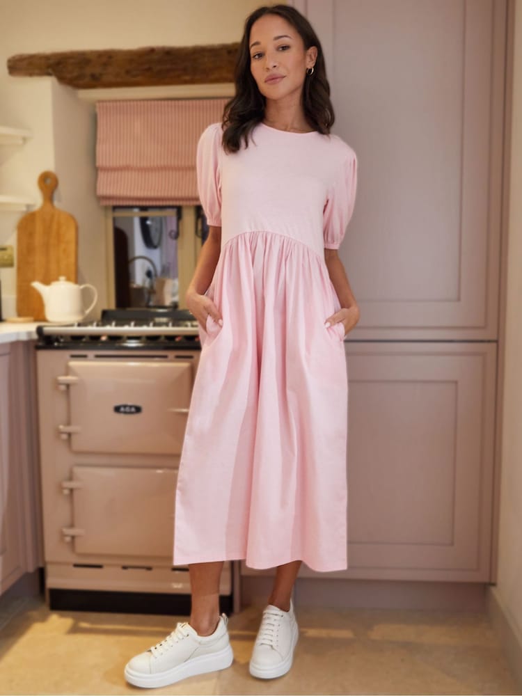 Threadbare Pink 100% Cotton Puff Sleeve Jersey Poplin Mix Maxi Dress - Image 3 of 4