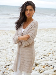 Threadbare Natural Threadbare White Longline Crochet Pointelle Knit Cardigan - Image 1 of 5