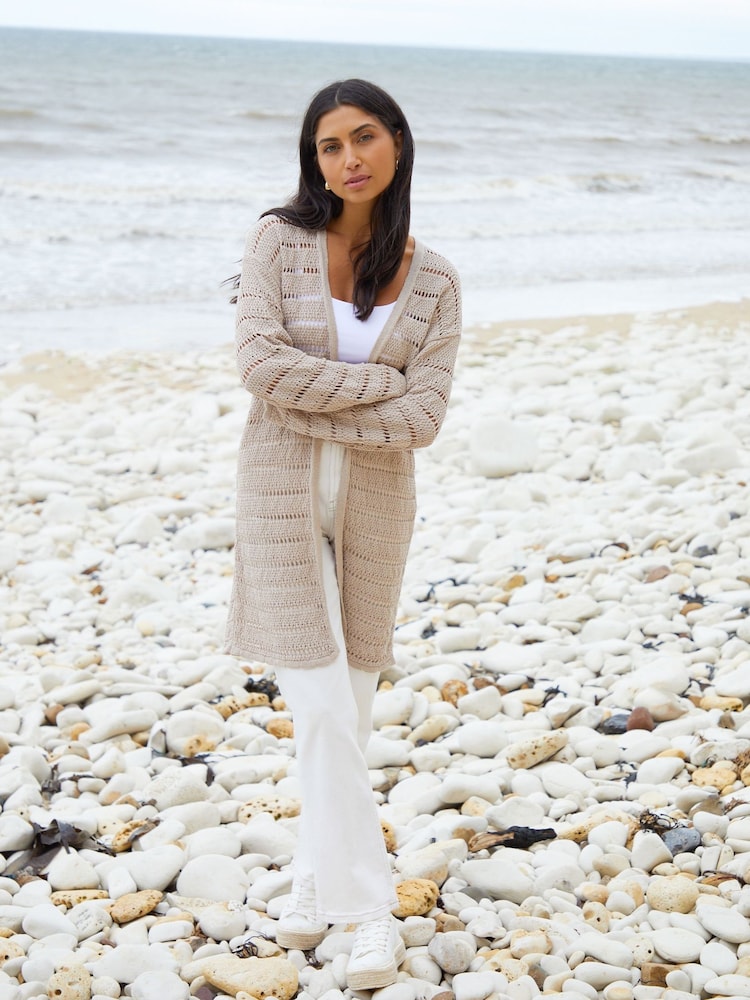 Threadbare Natural Threadbare White Longline Crochet Pointelle Knit Cardigan - Image 2 of 5