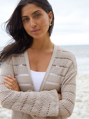 Threadbare Natural Threadbare White Longline Crochet Pointelle Knit Cardigan - Image 4 of 5