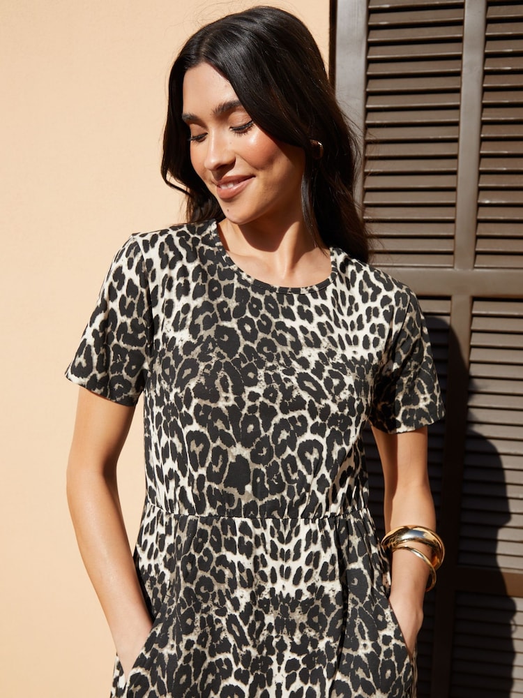 Threadbare Leopard 100% Cotton Smock Style Midi Dress - Image 3 of 4