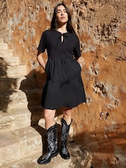 Threadbare Black 100% Cotton Tiered Jersey Poplin Mix Mini Dress - Image 1 of 4