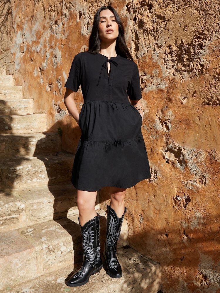 Threadbare Black 100% Cotton Tiered Jersey Poplin Mix Mini Dress - Image 1 of 4