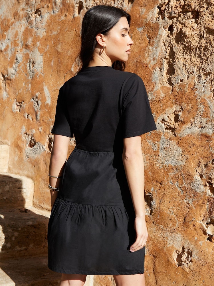 Threadbare Black 100% Cotton Tiered Jersey Poplin Mix Mini Dress - Image 2 of 4