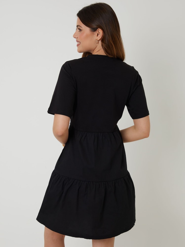 Threadbare Black 100% Cotton Tiered Jersey Poplin Mix Mini Dress - Image 2 of 4 Threadbare Black 100% Cotton Tiered Jersey Poplin Mix Mini Dress - Image 2 of 4