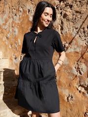 Threadbare Black 100% Cotton Tiered Jersey Poplin Mix Mini Dress - Image 3 of 4