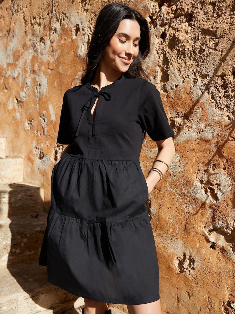 Threadbare Black 100% Cotton Tiered Jersey Poplin Mix Mini Dress - Image 3 of 4