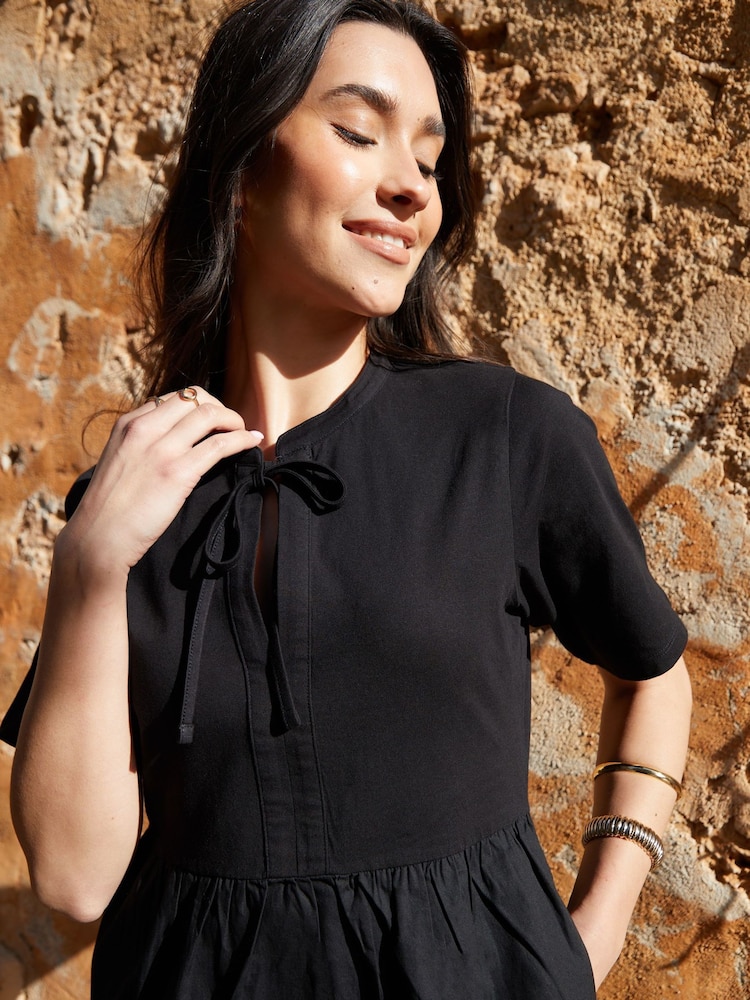 Threadbare Black 100% Cotton Tiered Jersey Poplin Mix Mini Dress - Image 4 of 4