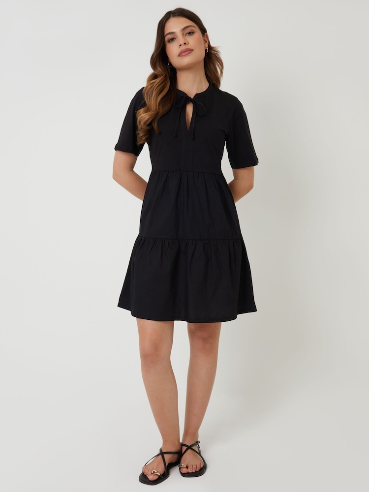Threadbare Black 100% Cotton Tiered Jersey Poplin Mix Mini Dress - Image 4 of 4 Threadbare Black 100% Cotton Tiered Jersey Poplin Mix Mini Dress - Image 4 of 4