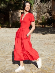 Threadbare Red 100% Cotton Tiered Jersey Poplin Mix Maxi Dress - Image 1 of 4