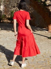 Threadbare Red 100% Cotton Tiered Jersey Poplin Mix Maxi Dress - Image 3 of 4
