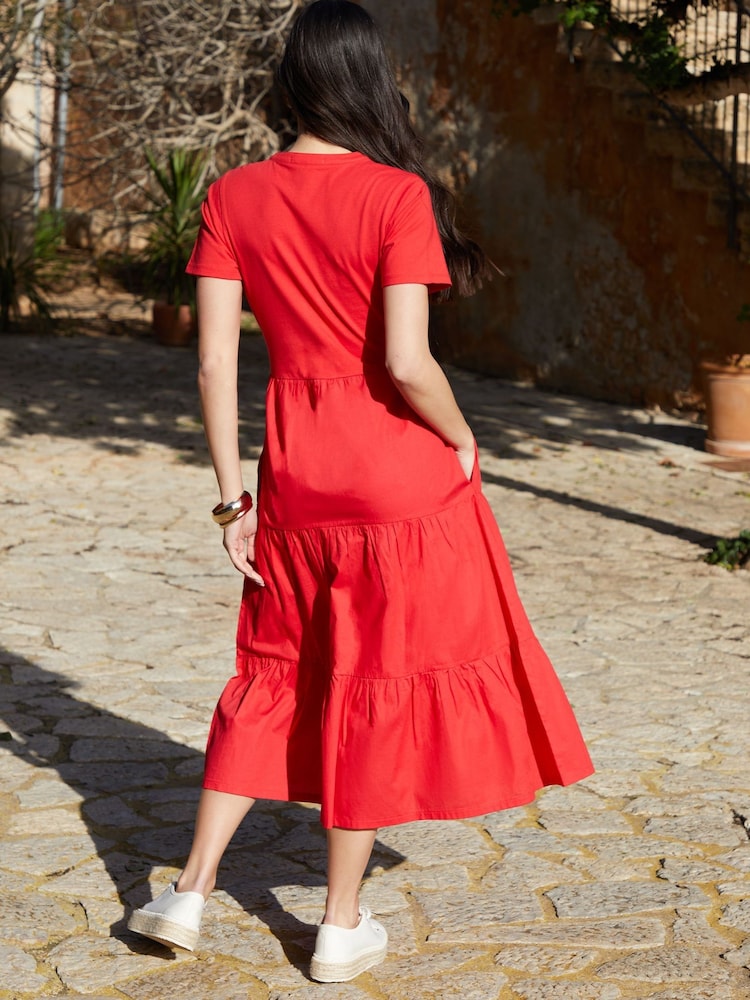 Threadbare Red 100% Cotton Tiered Jersey Poplin Mix Maxi Dress - Image 3 of 4