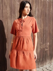 Threadbare Orange 100% Cotton Tiered Jersey Poplin Mix Mini Dress - Image 1 of 4