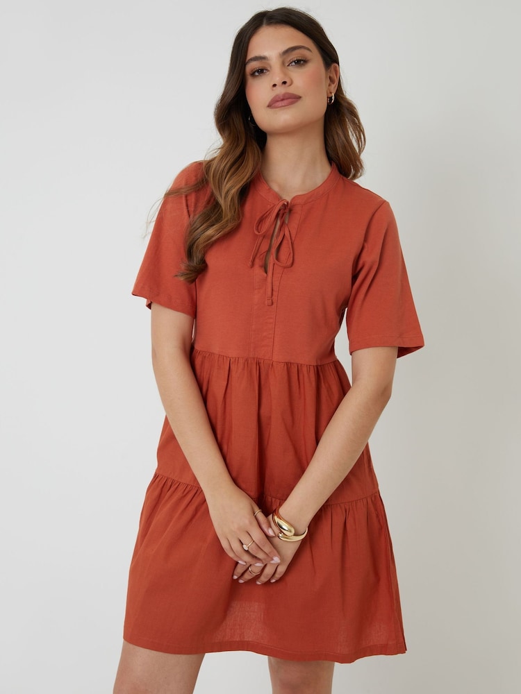 Orange - Threadbare gestuftes Minikleid aus Jersey-Popeline-Mix, 100 % Baumwolle - Bild 9 von 9