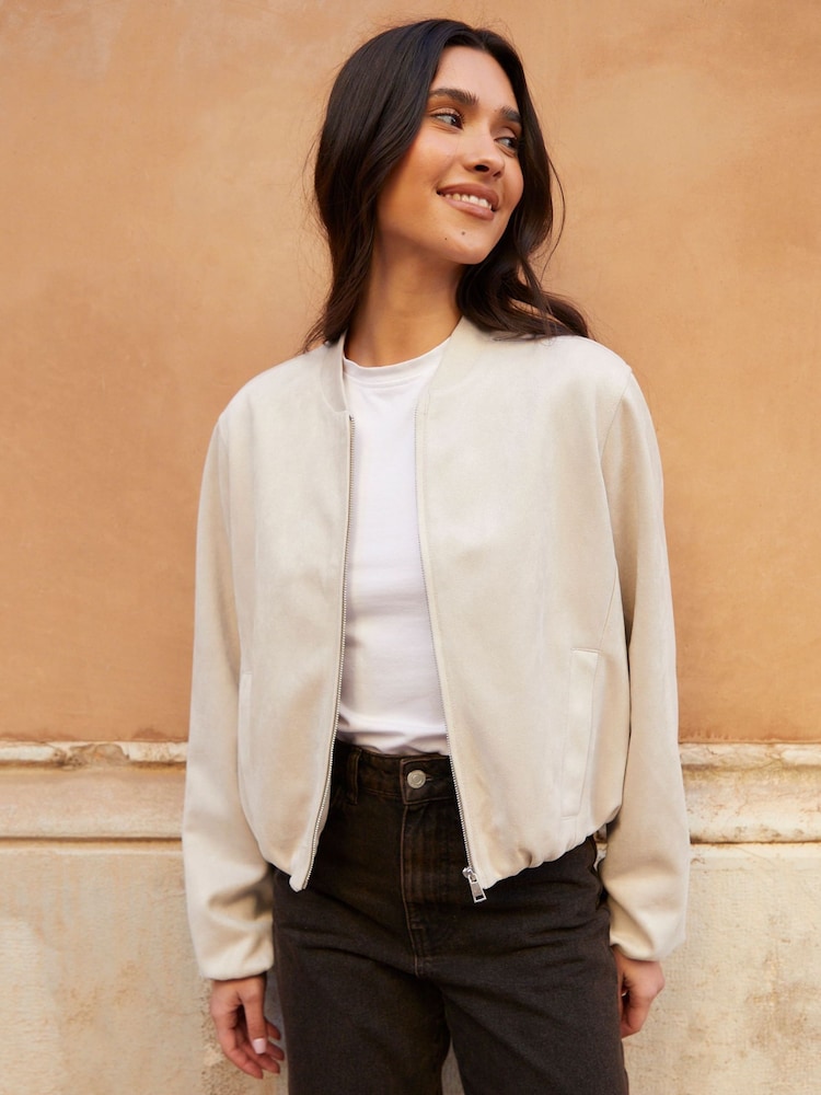 Crema - Chaqueta bomber con bajo abullonado de antelina de Threadbare - Imagen 1 de 4 Crema - Chaqueta bomber con bajo abullonado de antelina de Threadbare - Imagen 1 de 4