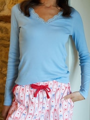 Threadbare Blue 100% Cotton Lace V-Neck Printed Pyjamas Set - Image 4 of 5